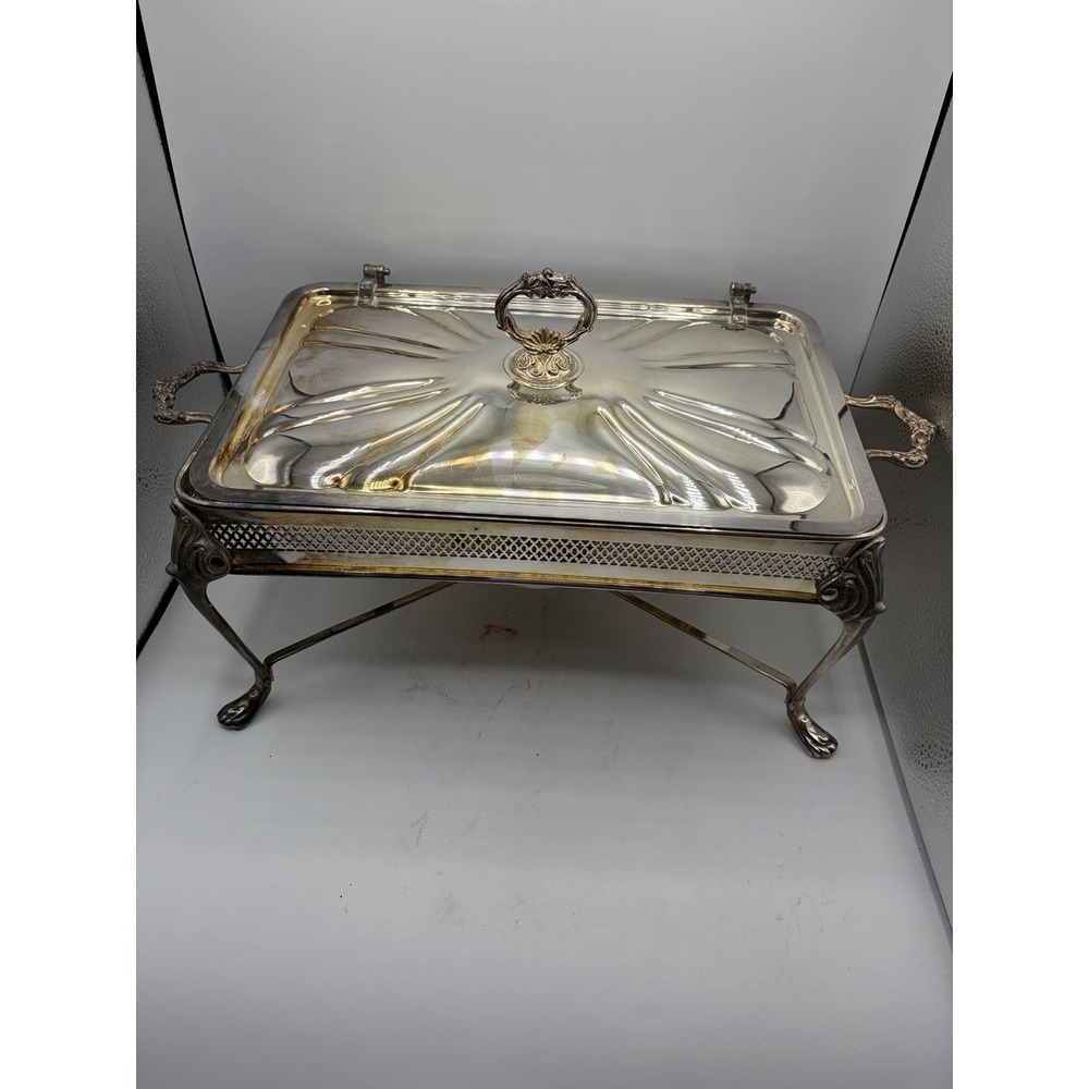Vintage Silver Plate Chafing Dish Server Warming Tray w Lid & Burner Footed